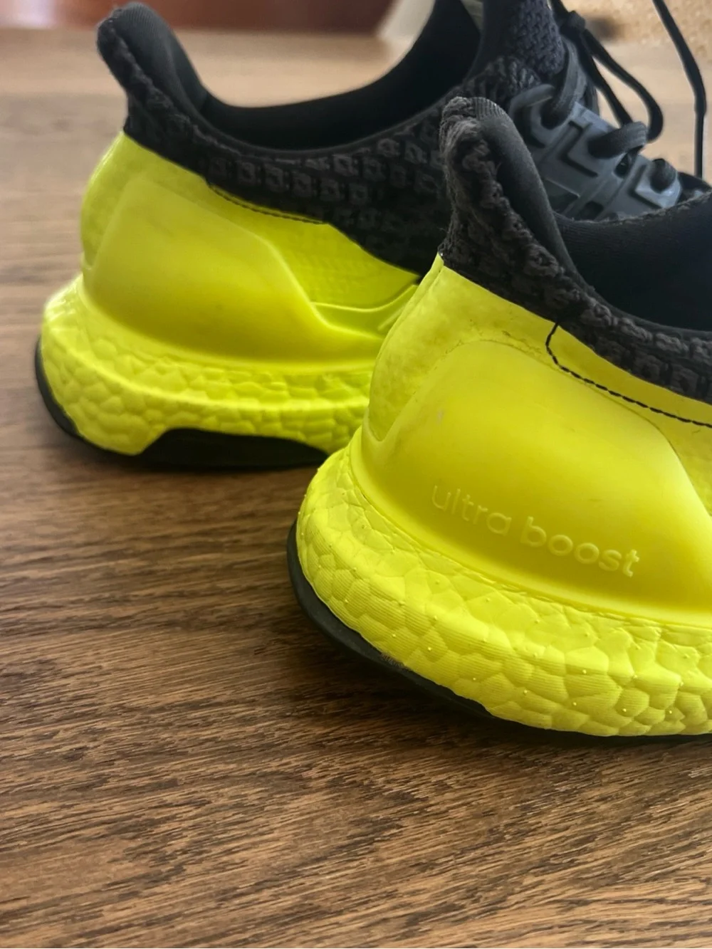 adidas Black Knit Running Shoe with Neon Yellow Midsole